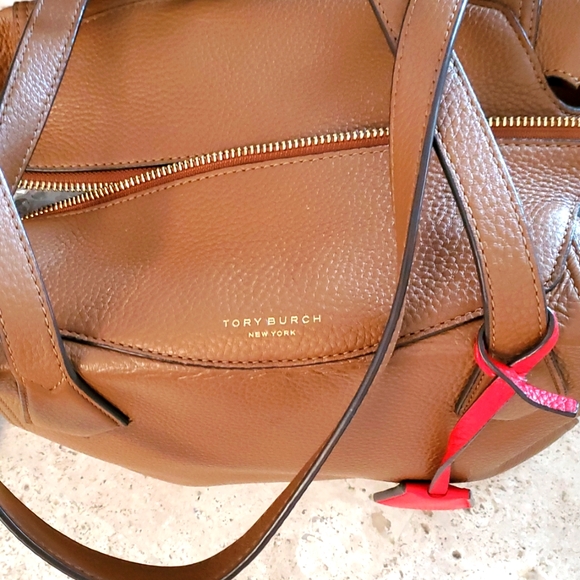 Tory burch Satchel rich Brown Leather Handbag with Red Accent - Picture 2 of 12